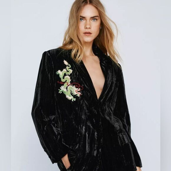 Nasty Gal Premium Embroidered Velvet Blazer Sz 6 - Picture 1 of 7